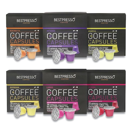 Bestpresso Coffee for Nespresso Original Machine 120 pods Certified Genuine Espresso Variety Pack includes one pack of decaf coffee, Pods Compatible with Nespresso Original